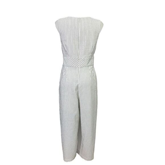 Calvin Klein White Black vertical Stripes V Neck Tie Front Jumpsuit sz 12 - Picture 7 of 9